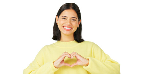 Sticker - Heart hands, love and happy portrait of a woman review or feedback for support. Face of a young person and show icon emoji for charity, kindness and peace isolated on a transparent, png background