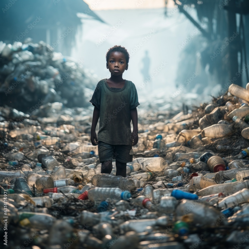 Poor African kid walking through a landfill of used dirty plastic ...