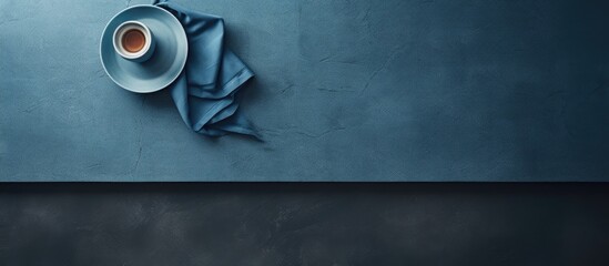 Aufkleber - A classic blue-toned image of a kitchen stone table with a towel on top, viewed from above with