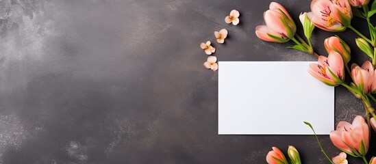 Aufkleber - A greeting card mockup is shown on a concrete background with copy space. It features colorful