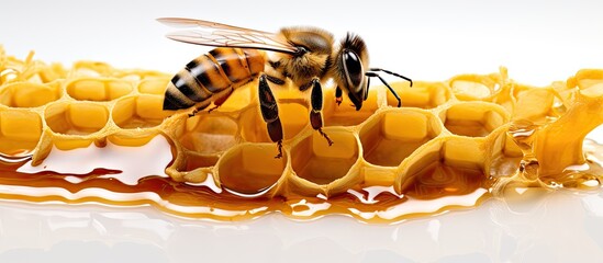 Poster - A honey bee is feeding on honey inside a beehive frame with wax, seen against a white background