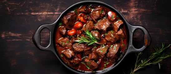 Wall Mural - A picture of Meat Stew, with beef stewed in red wine sauce, viewed from the top with copy space.