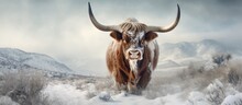 A Texas Longhorn Cow With Big Horns Is Seen In The Winter With Blurred Snow In The Foreground And