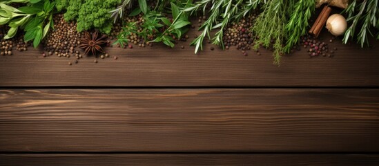Poster - Fresh herbs and spices placed on a wooden table, seen from above, and with space for additional