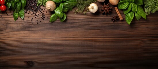Poster - Fresh herbs and spices placed on a wooden table, seen from above, and with space for additional