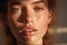 Natural Young Woman With Freckles In Sunset With Shadows On Face. Natural Beauty Close-up Of A Cute Model With Glowing Healthy Skin. 
