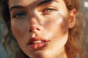 natural young woman with freckles in sunlight with shadows on face. natural beauty close-up of a blo