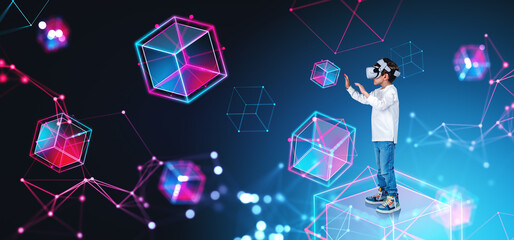 Child on a data block wearing vr headset in cyberspace, metaverse