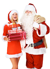 Canvas Print - Present, Christmas and holiday with a Santa Claus and helper isolated on a transparent background. Celebration, festive and portrait of a man and woman in a red costume on PNG with gift for event