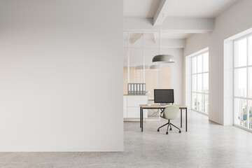 White and glass open space office with blank wall