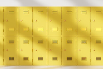 Row of yellow school lockers with closed doors