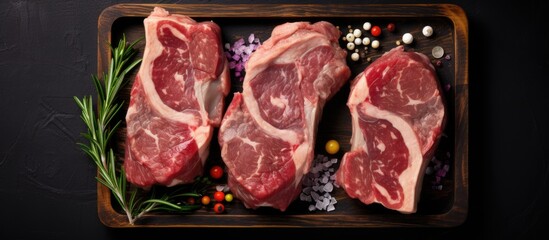 Sticker - raw lamb meat chops and steaks arranged in a wooden tray on a black background. captured from a