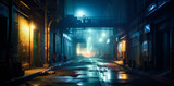 Fototapeta Przestrzenne - City wet road or alley in a misty night