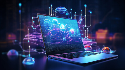 Artificial Intelligence Infused Laptop - Neon Illuminated High-Tech 3D Rendering