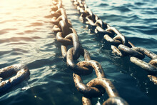 Old Rusty Chains On The Wavy Sea Surface Background With Reflections
