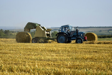 Tractor forming bales of straw. Farmland with blue sky. Harvested wheat field in summer. Copy space. Close-up. Selective focus.