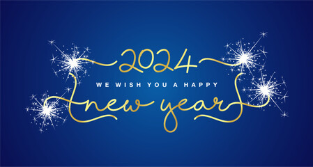 Wall Mural - 2024 Happy New Year golden handwritten lettering tipography line design white sparkler firework vintage frame blue background vector