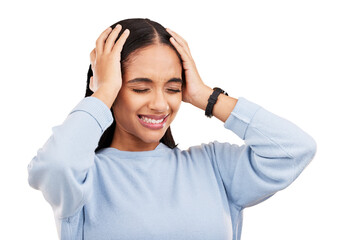 Wall Mural - Headache, stress and woman with depression and frustrated from student burnout. Anxiety, young female person and mistake problem with migraine and pain isolated on a transparent, png background