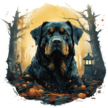 A Halloween Rottweiler Dog, Guardian Of The Spirit World, Leading A Spectral Procession Of Ghostly Beings Through A Moonlit Graveyard, Generative Ai