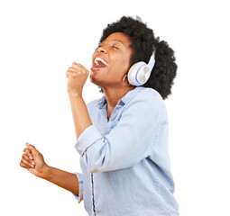 Black woman, singing and headphones with freedom, music and invisible mic feeling happy. African female person, carefree and radio with audio streaming fun isolated on a transparent, png background