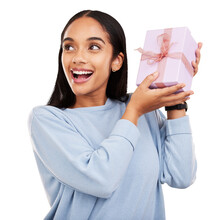 Happy, gift and woman with box and smile on isolated, png and transparent background for event. Excited, package and female person with present, prize and surprise for birthday, party or celebration