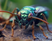 A Photorealistic Image Of A Super Macro Shot Of Cuckoo Wasp,  Macro Lens, Emphasizing The Detail And Realism Of Image. Generative AI