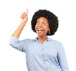 © Bharat Krunal/peopleimages.com - Happy, pointing up or black woman with promotion, excited or opportunity isolated on transparent background. Deal, female person and model with gesture, presentation and marketing with png and choice