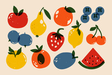 Risograph Fruits And Berries. Cartoon Natural Elements Screen Riso Printing Effect, Linocut Garden Plants. Vector Set