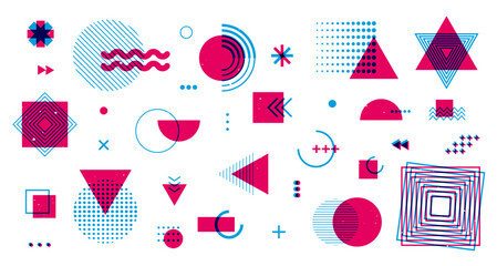 Wall Mural - memphis elements risograph effect. abstract geometric shapes, modern hipster retro circles triangles