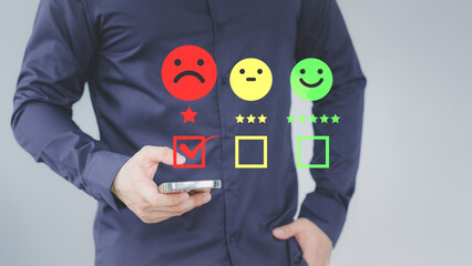 Aufkleber - Customer give the feedback with angry emotion face on virtual screen. Assessment testimonial review for dislike service and low quality. Business service concept of customer experience dissatisfied.