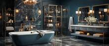 A Luxurious Bathroom With Marble Accents And Sleek Modern Design. The Room Features A Freestanding Bathtub And A Glass-enclosed Shower. The Walls Are Painted Blue Color, With Metallic
