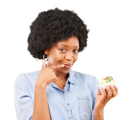 Poster - Black woman, cupcake and portrait with smile or thinking of temptation, food or choice in diet on transparent, isolated or png background. African model, cake and decision for health and nutrition