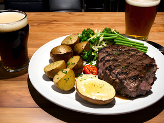 Grilled steak with potatoes and cola