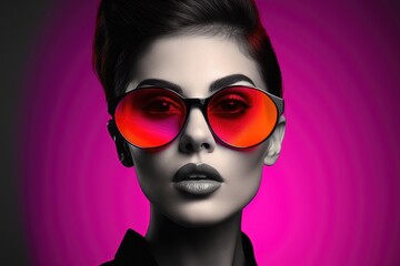  Portrait of a young Top model party girl in fashionable glasses, on a bright background in the studio, pop art and club life style, looks emotionally at the camera
