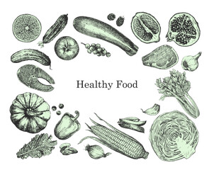 Wall Mural - Healthy Food. Hand-drawn illustration of Food. Ink. Vector