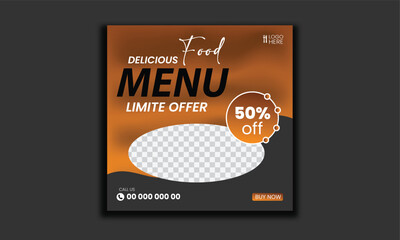 Wall Mural - Fast food restaurant business marketing social media post or web banner template design with abstract background, logo and icon. Fresh pizza, burger & pasta online sale promotion flyer or poster.