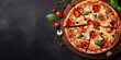 © Thares2020 - Top view of freshly delicious homemade pizza with cheese and tomato on rustic wooden table Italian restaurant delicacy.