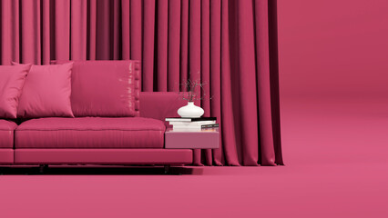 Wall Mural - Viva magenta is a trend colour year 2023 in the living room. Interior of the room in plain monochrome dark pink color with furnitures and armchair, book, lamp. Creative interior design. 3d render	