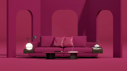 Wall Mural - Viva magenta is a trend colour year 2023 in the living room. Interior of the room in plain monochrome dark pink color with furnitures and armchair, book, lamp. Creative interior design. 3d render	