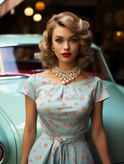 Wall Mural - pin-up attractive women shot in a classic dotted dress posing in front of a retro car, 60s style, vintage