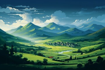 Sticker - Rural scene village mountains sunset. Generate Ai