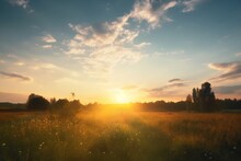 Sunrise Sky Landscape Background On Meadow, Generative AI