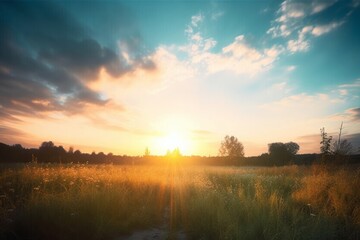 Wall Mural - sunrise sky landscape background on meadow, generative ai