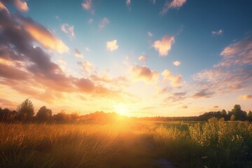 Wall Mural - sunrise sky landscape background on meadow, generative ai