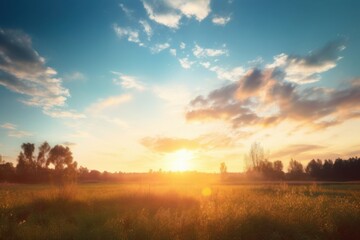 Wall Mural - sunrise sky landscape background on meadow, generative ai