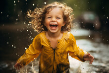 Excitement Of A Child Splashing And Playing In Rainwater Puddles, Filled With Pure Joy And Innocence Generative AI