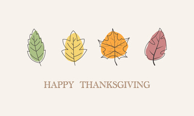Happy Thanksgiving wish written with elegant calligraphic script and decorated by fallen autumn foliage. Colored seasonal vector illustration in flat style for holiday greeting card, poster card.