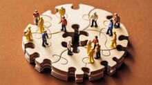 Miniature Business People Connecting Many Puzzle, Top View, Concept Of Teamwork. Generative AI Image Weber.