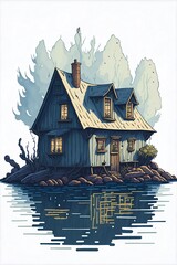 Wall Mural - Cartoon fisherman house. AI generated illustration