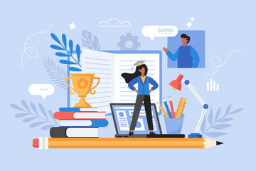 Wall Mural - professional training concept. modern vector illustration of student studying and learning on online